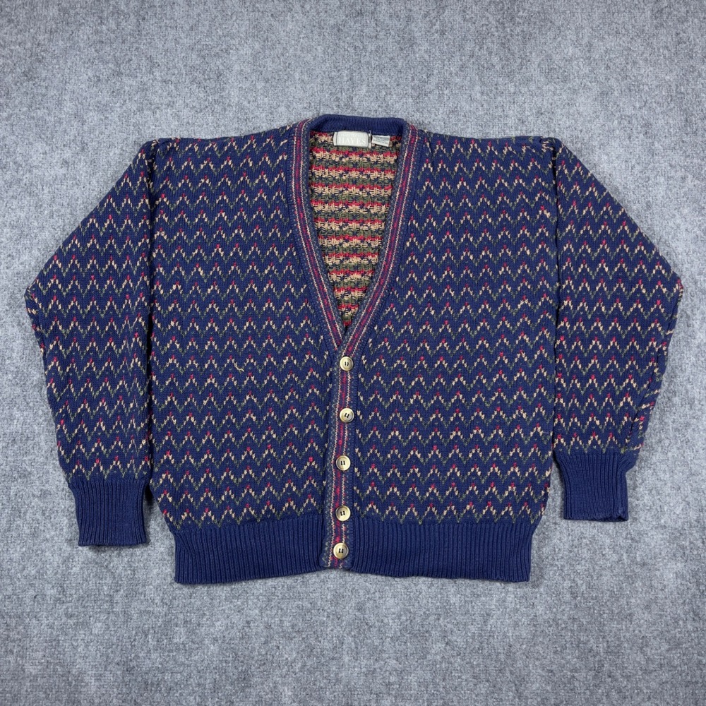 Christopher Hayes Cardigan Mens Large Blue Cotton Linen Chevron Knit Vintage